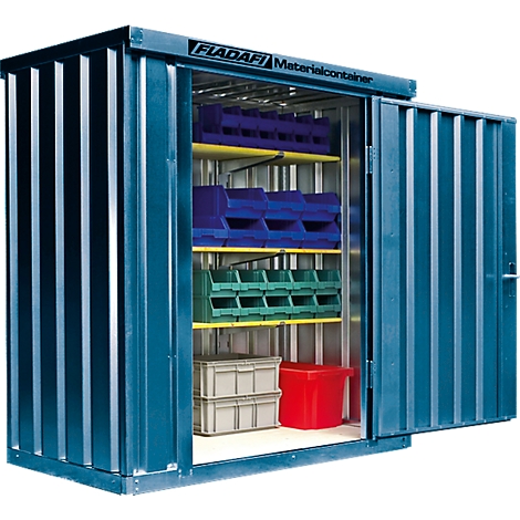 Blue material container with open door, filled with crates, drawers and shelves. Label: Fladifi Materialcontainer.