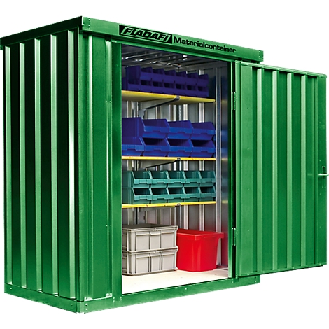 Green material container with open doors, filled with shelves and bins in blue, green and grey. Label: Fladafi Materialcontainer.