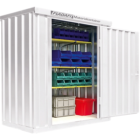 White material container, door open. Blue, green and grey containers on shelves.