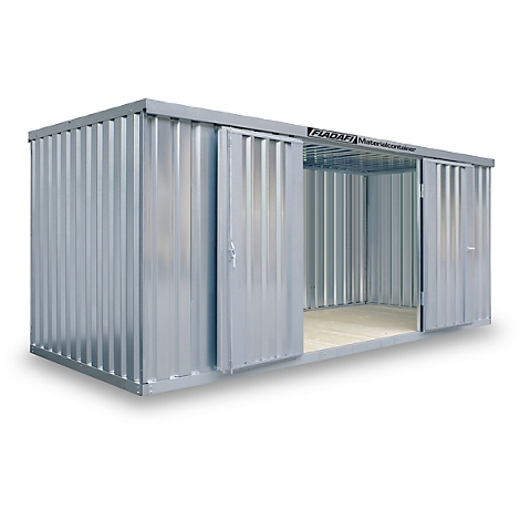 Gray metal container with open doors, interior visible.