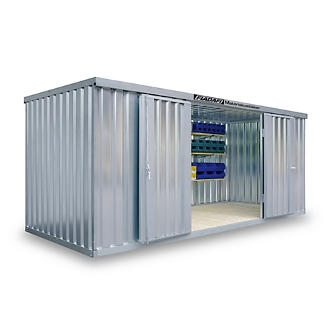Spacious, silver storage container with open double doors. Inside, shelves with crates, product name 'FLADAF'.