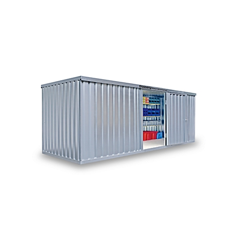 Grey metal shed with open door. Shelves with colorful containers inside. Exterior walls with vertical grooves.