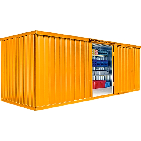 Yellow storage container with sliding door, open. Inside shelves and boxes.