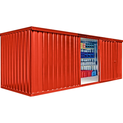 Red storage container with sliding doors, partially open. Inside, shelves with boxes and tools. Inscription 'RAUM²'.