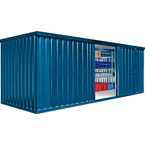 Blue metal box, with sliding doors. Opened, interior with shelves and tools.