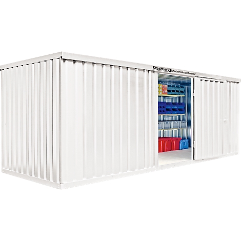 White material container with open door. Inside, shelves with colorful containers.