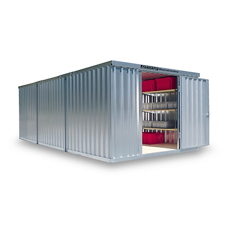Large, silver storage container with open doors. Inside: shelves with red boxes.