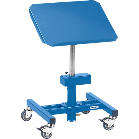 Blue adjustable podium with wheels for tools. The inclined support surface is rectangular.