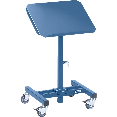 Blue, height-adjustable music stand trolley with wheels.