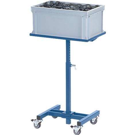Blue, height-adjustable lifting platform with gray box, filled with dark parts, on castors.