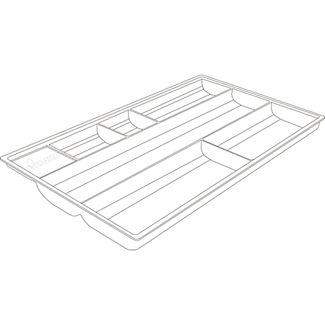 Beige cutlery drawer with compartments and the lettering "Organo".