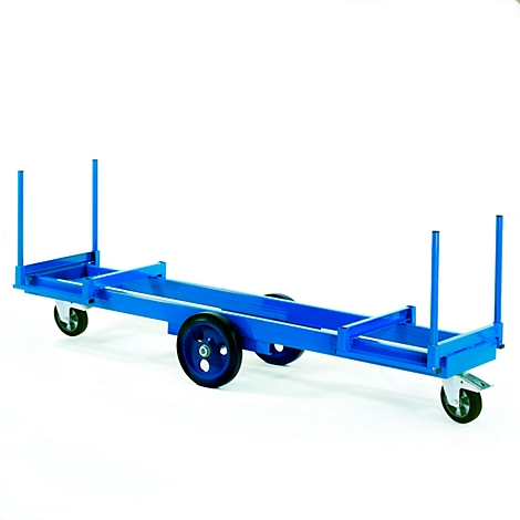 A blue transport frame with wheels, standing on a white background.