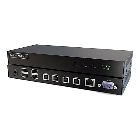 Matrox KMLync Switch mit schwarzem Gehäuse, USB-Anschlüssen, LAN-Port und RS232-Schnittstelle.