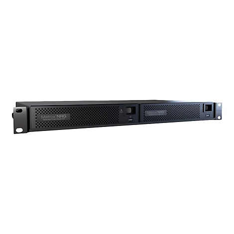 Matrox NRG redundantes Netzteil in einem schwarzen 19-Zoll Rack-Gehäuse mit perforierter Front.