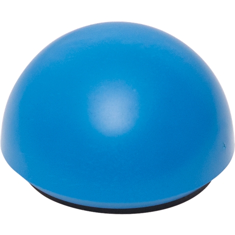 Interrupteur bleu en forme de dôme avec socle noir. Reflets de lumière sur la surface.
