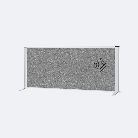 Graue Filz-Trennwand mit weißem Rahmen und integriertem NFC-Symbol, aufrecht stehend.