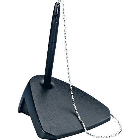 Black ballpoint pen with chain in a black holder.