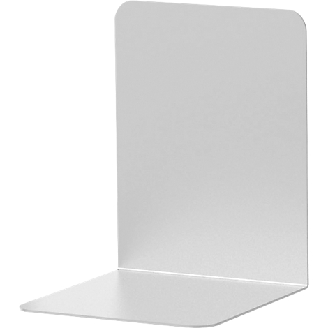 A single, gray metal bookend with rounded corners, set against a white background.