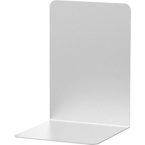 White, minimalistic metal bookend with rounded corners.