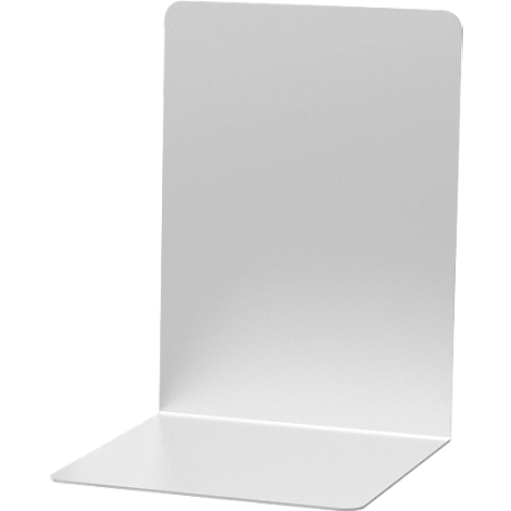 White, L-shaped bookend made of metal, rounded corners.