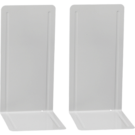 Two white bookends at an angle, made of metal.