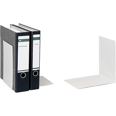 Two black folders stand with a pair of white bookends on a white background. The folders each say "Leitz" and a label.
