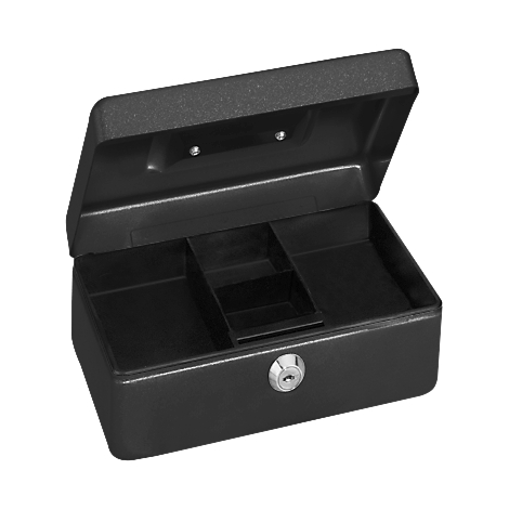 Black open cash box with three compartments.