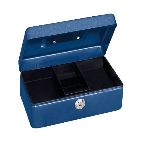 Open blue cash box with compartments. View inside: black dividers and silver lock.