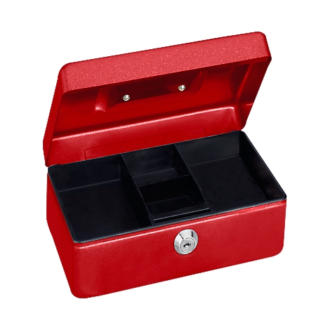 Opened red cash box with black interior and insert.