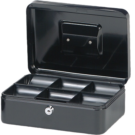 Open black cash box. Interior divided into several compartments, lid raised.