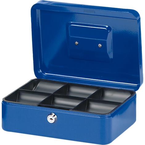 Blue open cash box with black compartments, silver lock, and handle.