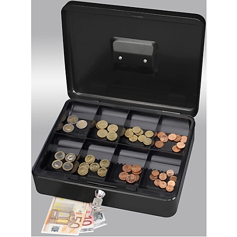 Open black cash box with coins, euro banknotes and key.
