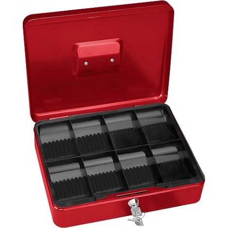 Opened red cash box with black insert divided into several compartments. Silver key inserted in lock.