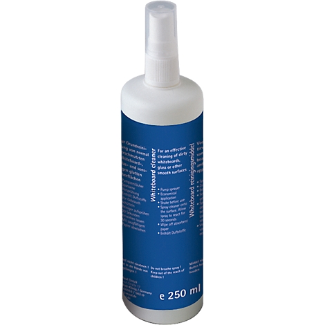 Whiteboard cleaner bottle with spray head, blue and white label. Inscription: 250 ml.