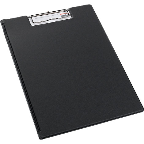 Black clipboard with silver clip. The clip reads "Auftr".