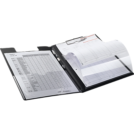 Black clipboard with open pages filled with tables. On the right side a transparent cover.