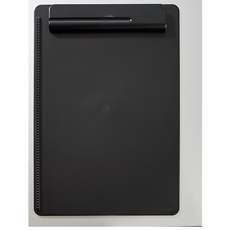 Black clipboard with silver border and clip.