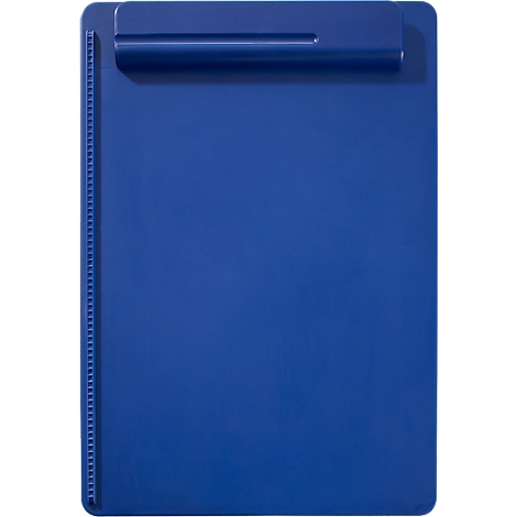 Blue plastic clipboard with a clip on the top and a side clip.