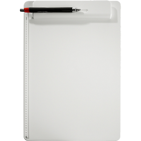 White clipboard with pen. The pen is black with a red tip, fixed on the clipboard.