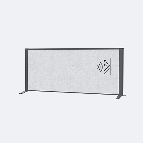 Panneau insonorisant gris. Cadre noir, avec symbole sonore. Debout sur pieds.