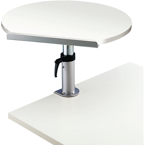 A white, semi-circular desk attachment with height adjustment, attached to a white desk.