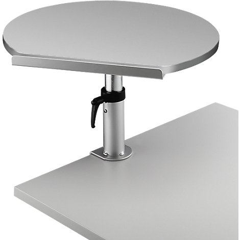 A silver, semi-circular table attachment with adjustable column base, attached to a square table.