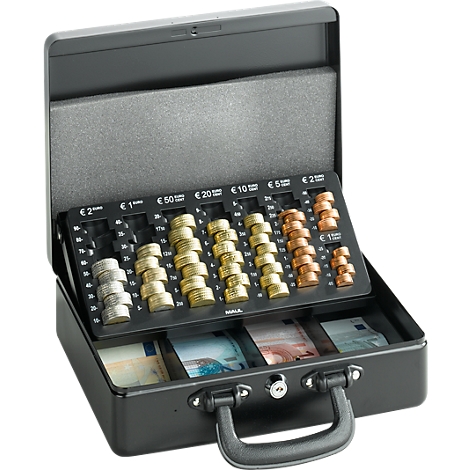 Opened black cash box with coin slots and banknotes.