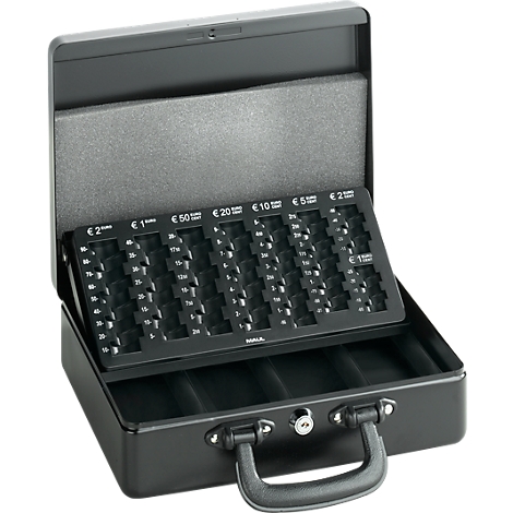 Black cash box with coin compartments for Euro coins and a handle.