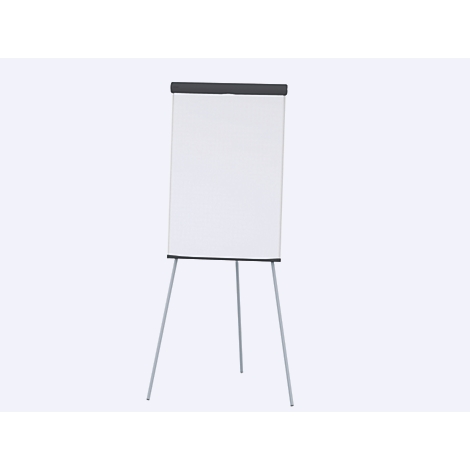 Ein Flipchart mit weißem Papier auf einem Dreibein-Ständer, grauer Hintergrund.