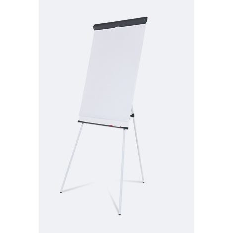 Ein Flipchart mit weißer Oberfläche und schwarzem Rahmen auf einem weißen Stativ. Der Hintergrund ist ebenfalls weiß.