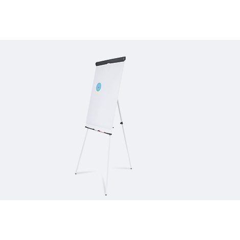 Ein weißes Flipchart auf einem weißen Dreibein-Ständer, ein blauer Punkt darauf. Schwarz am oberen Rand.