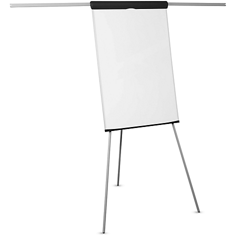Een wit flip-overbord op zilveren poten, lichtjes gekanteld op een witte achtergrond.