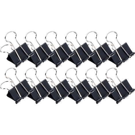 Close-up of black binder clips with silver handles on a white background.