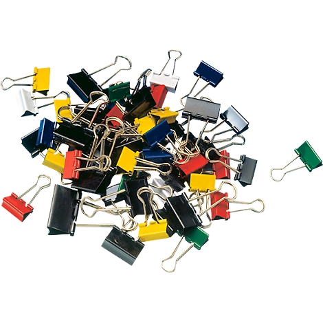Pile of colorful binder clips in red, yellow, green, blue, black, and gray. Some are open, others closed.
